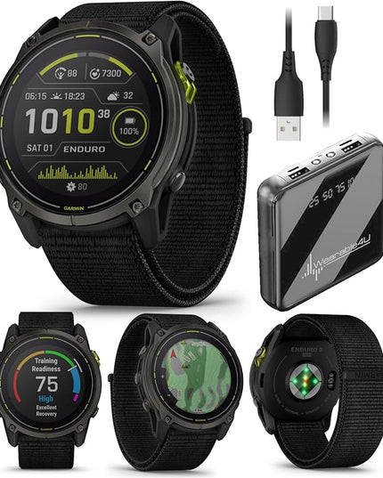 Wearable4U Garmin Enduro 3 – 51 mm, Solar, Sapphire, Ultraperformance GPS Smartwatch, Carbon Gray DLC Titanium with Black UltraFit Nylon Strap Bundle