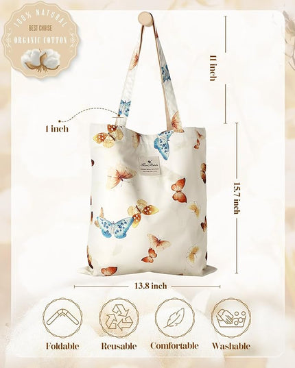 Aesthetic Cotton Tote Bag for Women - Reusable Shoulder Bag with Buckle Fabric Bag for Gym, Travel, Work