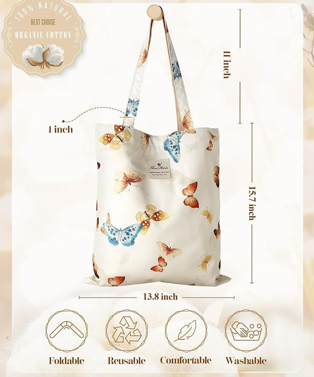 Aesthetic Cotton Tote Bag for Women - Reusable Shoulder Bag with Buckle Fabric Bag for Gym, Travel, Work