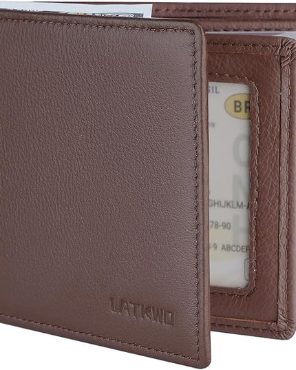 LATKWO Mens Wallet - Genuine Leather Bifold RFID Blocking Slim Front Pocket Large Capacity with 10 Card Slots, 2 ID Windows & 2 Cash Pockets - Heavy Duty Stitched Gift for Men (Brown)