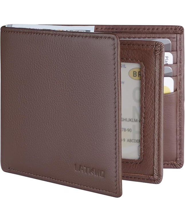 LATKWO Mens Wallet - Genuine Leather Bifold RFID Blocking Slim Front Pocket Large Capacity with 10 Card Slots, 2 ID Windows & 2 Cash Pockets - Heavy Duty Stitched Gift for Men (Brown)