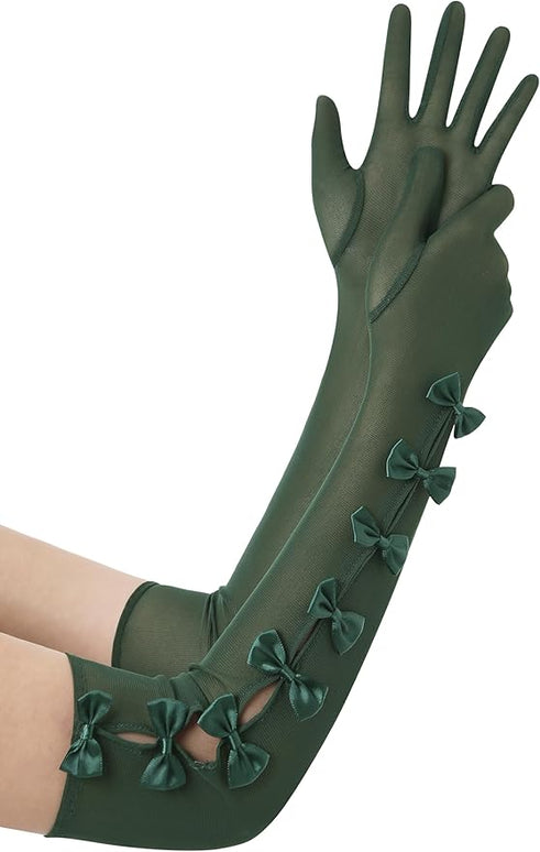 BABEYOND Lace Gloves for Women - Princess Gloves Long Stretchy Bow Mesh Tulle Sheer for Costume Opera Party