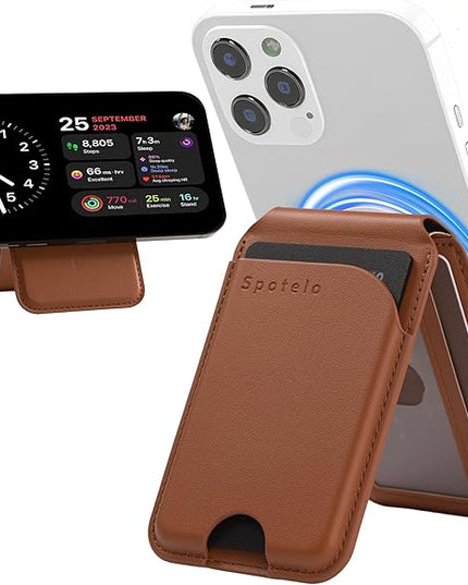 Magnetic Wallet for iPhone, Compatible with MagSafe Adjustable Stand Wallet, RIFD Blocking Leather Magnetic Card Holder for iPhone 17/16/15/14/13/12 Series, Not for iPhone 13/12 Mini(Brown)