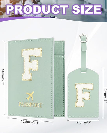 PATIKIL Passport Holder for Travel, Initial Passport Cover and Luggage Tag Set with Alphabet Chenille Letter Patch Travel Wallet Bag Suitcase Identifier for Women Family Travel Green F