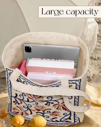 Aesthetic Embroidery Tote Bag for Women - Reusable Canvas Cute Shoulder Bag for Shopping, Grocery, Work, Book