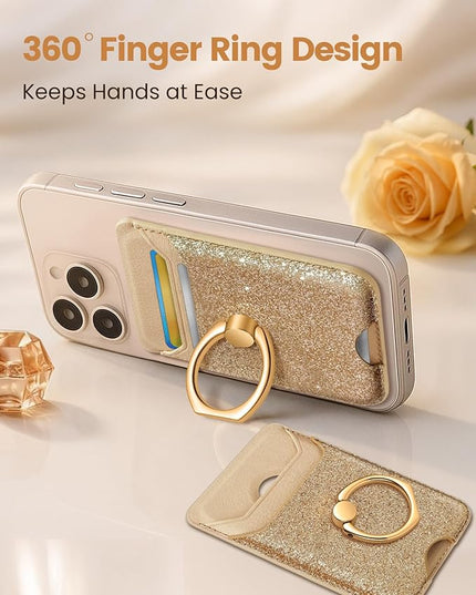 Shorogyt Compatible with Magsafe Wallet Magnetic Card Holder - Phone Wallets with Ring Grip Stand Cute Fashion for iPhone 17/16/15/14/13/12 Series for Women Girls Glitter Gold Design, Fit 3 Cards