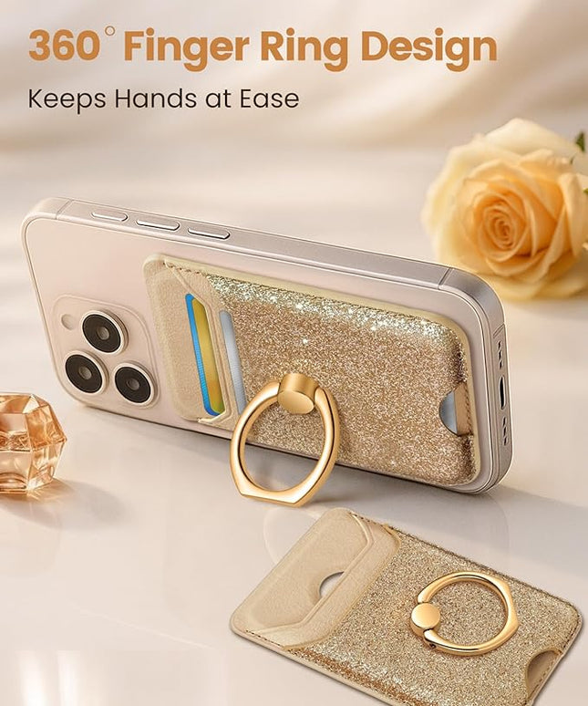 Shorogyt Compatible with Magsafe Wallet Magnetic Card Holder - Phone Wallets with Ring Grip Stand Cute Fashion for iPhone 17/16/15/14/13/12 Series for Women Girls Glitter Gold Design, Fit 3 Cards