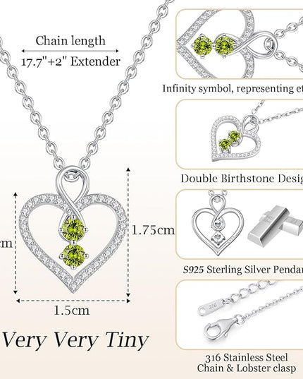 LOUISA SECRET Infinity Double Birthstone Necklace, 925 Sterling Silver Tiny Pendant Heart Necklace for Women Wife Her, Best Jewelry Gift Heart Jewelry Meaningful Gift for Valentine's Day, Christmas, Birthday Anniversary