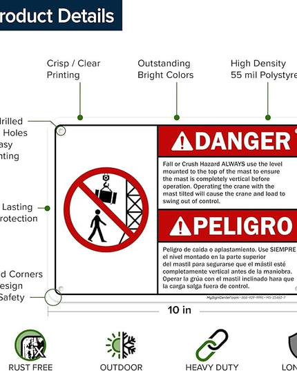 Danger Fall Or Crush Hazard Always Use The Level Mounted Bilingual Sign, 10x7 Inches, 55 mil thick HDPS (high density polystyrene), Made in USA by My Sign Center