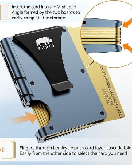 furid Slim Card Wallet for Men: Minimalist Metal Wallet with Money Clip - RFID Front Pocket Credit Card Holder for Work Business Travel - Gift for Father Husband Male Friend