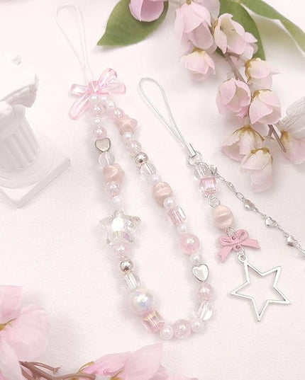 2 Pack Phone Charms, Cute Aesthetic Beaded PhoneCharm Strap Phone Lanyard String PhoneChain Accessories for Bag Keychain Airpods Camera Pendants