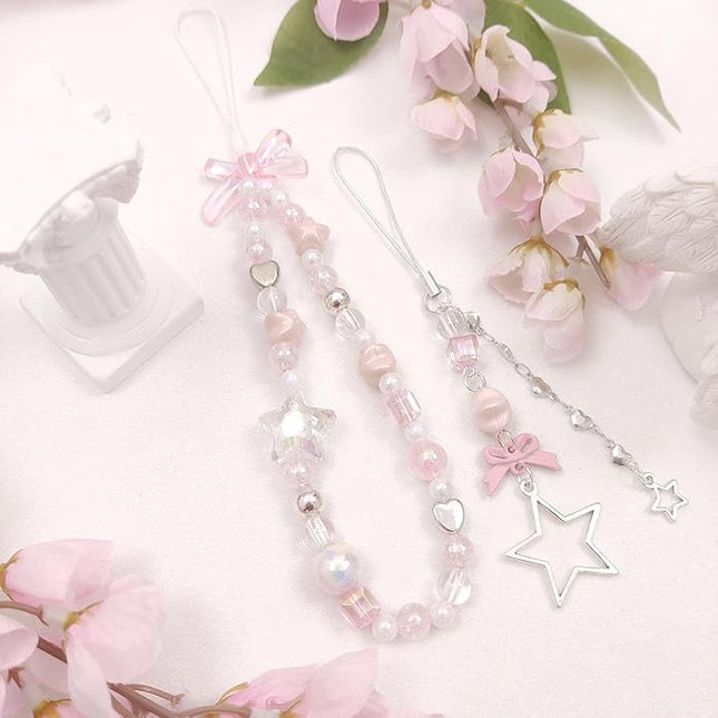 2 Pack Phone Charms, Cute Aesthetic Beaded PhoneCharm Strap Phone Lanyard String PhoneChain Accessories for Bag Keychain Airpods Camera Pendants