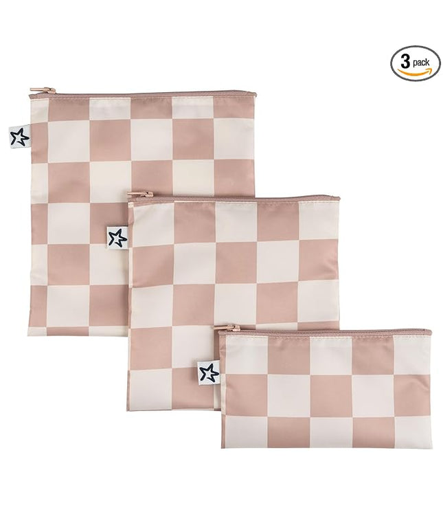 Tiny Twinkle Reusable Snack Bags for Kids – 3 Pack Snack Pouches & Sandwich Bag for Toddlers – Machine Washable, Mess-Proof for Lunch & Travel (Beige Checkers)