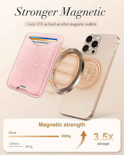 Shorogyt Phone Wallets Compatible with Magsafe Wallet Glitter - Magnetic Card Holder Light Pk for Women Teen Girls for iPhone 17/16/15/14/13/12 Series Slim for Apple Mag RFID Magnet, Fit 3 Cards