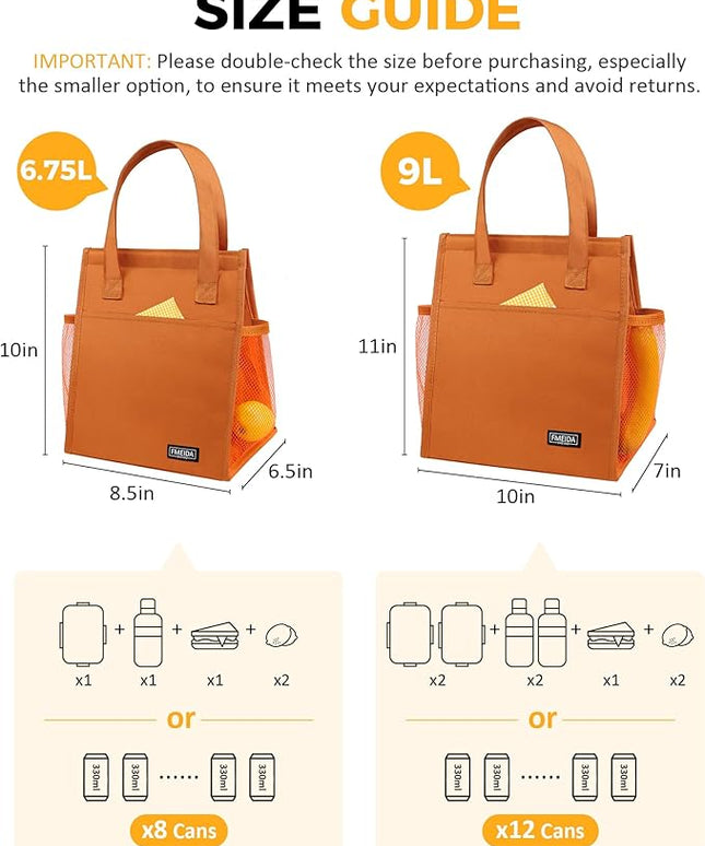 Fmeida Insulated Lunch Bag Women, 9L Large Lunch Bags with Multiple Pockets, Reusable Thermal Cooler Tote for Work, Office, Picnic, Travel | Hook and Loop Closure, Orange