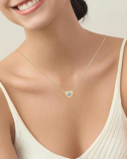 Dainty 14k Gold Heart Necklace, Birthstone Necklace for Women Trendy, Tiny Cubic Zirconia Choker Pendant Necklaces, Cute Love Jewelry Birthday Gifts for Girlfriend Daughter Niece Wife Her