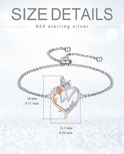 TOUPOP Gifts for Women Rose Heart Initial Bracelet 925 Sterling Silver Butterfly Letter Link Bracelet Love Jewelry Valentines Day Birthday Gifts for Her Wife Girlfriend Mom