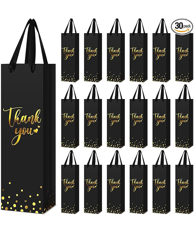 Ctosree 30 Pcs Wine Bottle Gift Bag with Handle 4.3x3.5x13.7 Liquor Paper Bag for Thank You Favor Gold Foil Kraft Whiskey Tote Carrier for Wedding Birthday Bridal Valentine's day Party(Black)