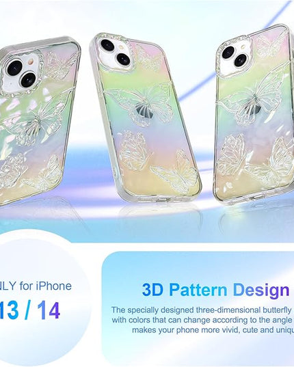Cute Case for iPhone 14 & 13 Case for Women Girls, with 3D Butterflies Pattern Design, Aesthetic Clear Iridescent Glitter Kawaii Girly Rainbow Protective Phone Cover