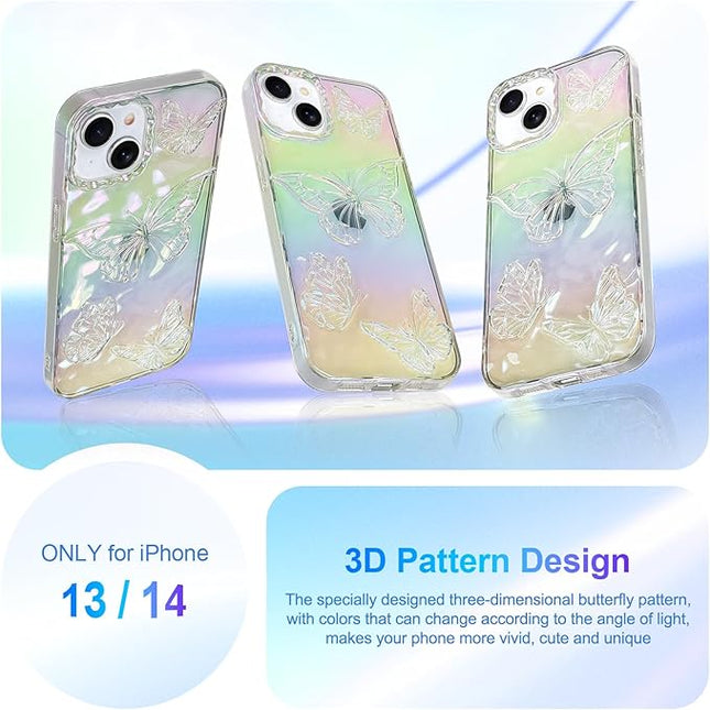 Cute Case for iPhone 14 & 13 Case for Women Girls, with 3D Butterflies Pattern Design, Aesthetic Clear Iridescent Glitter Kawaii Girly Rainbow Protective Phone Cover