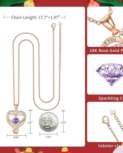 Infinity Love Heart Birthstone Necklace for Women Wife, S925 Sterling Silver Anniversary for Women Wife Birthday Gift for Her Girlfriend Mom Daughters, I Love You Women's Jewelry 18k Rose Gold Filled