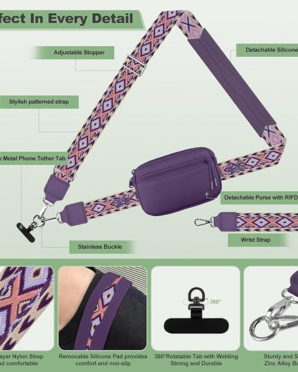 Clip and Go Strap for Phone with Wallet Crossbody, Adjustable Phone Lanyard with Detachable RFID Wristlet Wallet, Pattern Strap, Dark Purple(M)