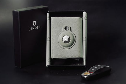 Jenoss Smart AirTag Wallet for Men & Women: Full Grain Leather, Handcrafted, Pop Up Case, Slim, RFID Blocking, Credit Card Holder, Apple Air Tag Tracker Minimalist 9-12 Slot | ID & Cash (Black& Grey)