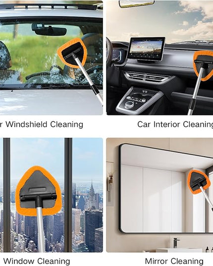 11pcs Windshield Cleaner Tool, Car Window Cleaning Wash Kit with 6 Reusable Microfiber Pads 2 Spray Bottles and Extendable Handles Auto Glass Wiper Kit, Orange