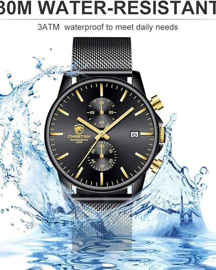 GOLDEN HOUR Mens Watch Fashion Sleek Minimalist Quartz Analog Mesh Stainless Steel Waterproof Chronograph Watches for Men with Auto Date
