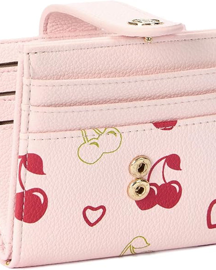 BOSTANTEN Slim Wallet for Women Small RFID Blocking Credit Card Holder Leather Bifold Wallets with Zipper Coin Pocket Cherry Print