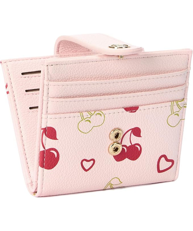 BOSTANTEN Slim Wallet for Women Small RFID Blocking Credit Card Holder Leather Bifold Wallets with Zipper Coin Pocket Cherry Print