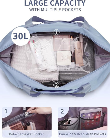 ECOHUB Travel Duffel Bag Water Resistant Weekender Bag Carry On Bags for Women Sport Gym Bags for Men Hospital Bag for Labor and Delivery Overnight Bag Luggage Bag with Trolley Sleeve 30L Grayish Blue