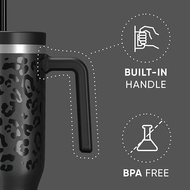 Hydrapeak Voyager 40 Oz Stainless Steel Tumbler with Handle, Insulated Water Bottle With Straw & Lid, Cupholder Friendly Reusable Travel Mug (Black Leopard)