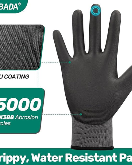 Kebada W1 Work Gloves for Men and Women, PU Coated Safety Gloves with Grip, Touchscreen, Ideal for Warehouse Work, Construction, Gardening, 12 Pairs Gray X-Large