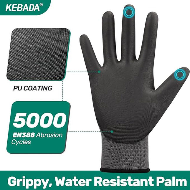 Kebada W1 Work Gloves for Men and Women, PU Coated Safety Gloves with Grip, Touchscreen, Ideal for Warehouse Work, Construction, Gardening, 12 Pairs Gray X-Large