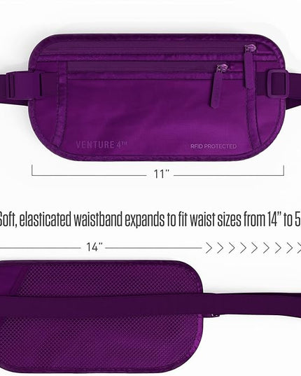 VENTURE 4TH Money Belt for Travel – Hidden Under-Clothes RFID Blocking Passport Holder & Slim Travel Wallet Pouch for Men & Women to Protect Cash, Cards & Documents (Sleek Purple)