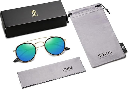 SOJOS Retro Vintage Round Polarized Sunglasses for Women Men Small Double Bridge Circle Sunnies SJ1104