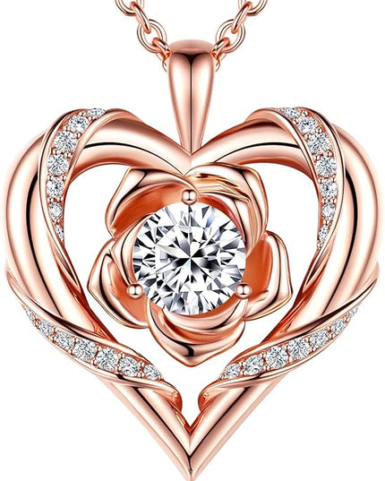 Beam & Bask Rose Flower Heart Moissanite Necklaces for Wife, S925 Silver Pendant for Women, 18K Gold Plated Jewelry for Her Girlfriend Mom for Anniversary Birthday