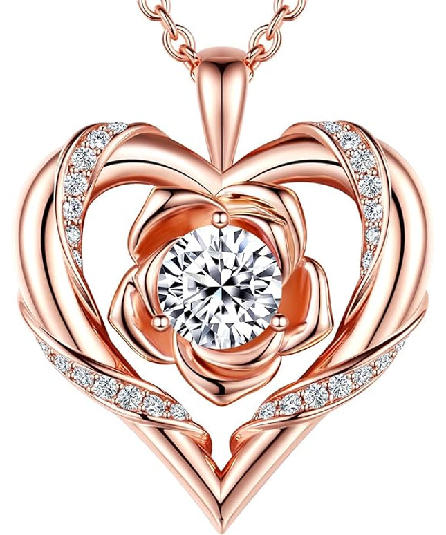 Beam & Bask Rose Flower Heart Moissanite Necklaces for Wife, S925 Silver Pendant for Women, 18K Gold Plated Jewelry for Her Girlfriend Mom for Anniversary Birthday