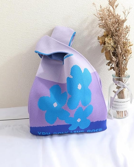 Women's Wrist Knot Tote Bag Small Crochet Wristlet Handbag Aesthetic Cute Knit Purse (Very Small Size)