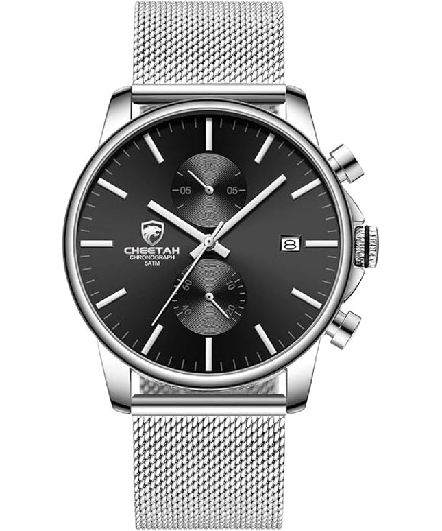 GOLDEN HOUR Mens Watch Fashion Sleek Minimalist Quartz Analog Mesh Stainless Steel Waterproof Chronograph Watches for Men with Auto Date