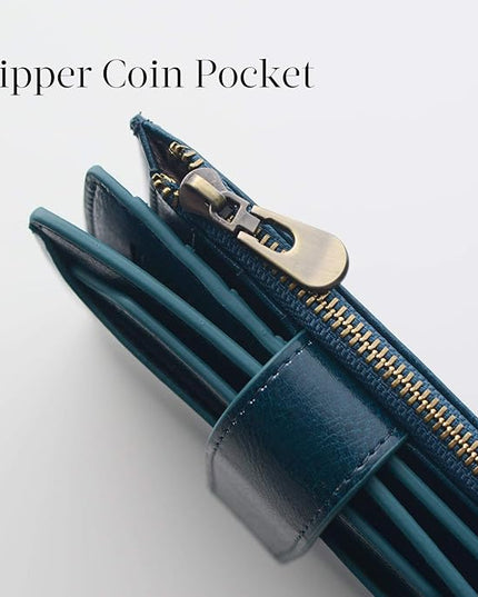 Bveyzi Women's Small Leather RFID Blocking Bifold Zipper Pocket Wallet Ladies Credit Card Slots Purse with id Window