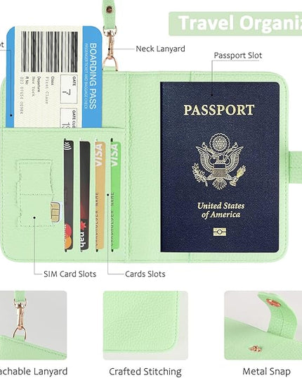 Passport Holder RFID Protected Wallet and Luggage Tag with Protection Cover Travel Accessories Leather Card Case Organizer for Women Men (Green)
