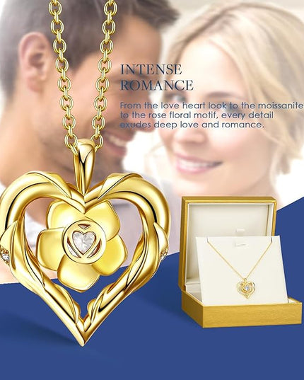 Beam & Bask Rose Flower Heart Moissanite Necklaces for Wife, S925 Silver Pendant for Women, 18K Gold Plated Jewelry for Her Girlfriend Mom for Anniversary Birthday