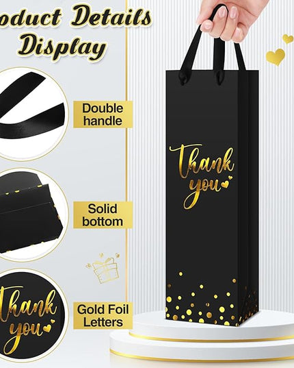 Ctosree 30 Pcs Wine Bottle Gift Bag with Handle 4.3x3.5x13.7 Liquor Paper Bag for Thank You Favor Gold Foil Kraft Whiskey Tote Carrier for Wedding Birthday Bridal Valentine's day Party(Black)