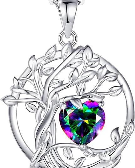 FANCIME Tree of life Birthstone necklace Sterling Silver Pendant Birthstone Necklace Gemstone Anniversary Birthday Jewelry Christmas Gifts for Mom Her Wife