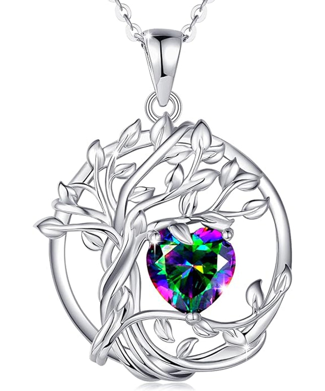 FANCIME Tree of life Birthstone necklace Sterling Silver Pendant Birthstone Necklace Gemstone Anniversary Birthday Jewelry Christmas Gifts for Mom Her Wife