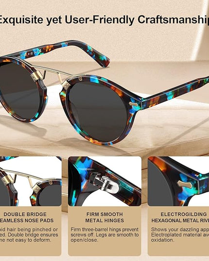CARFIA Small Face Acetate Polarized Sunglasses for Women UV Protection, Retro Double Bridge Eyewears Metal Brow Round Sunnies