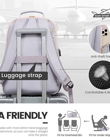LOVEVOOK Laptop Backpack for Women 18.4 inch,Cute Womens Travel Backpack Purse,Professional Laptop Computer Bag,Waterproof Work Business College Teacher Bags Carry on Backpack with USB Port,Grey Pink