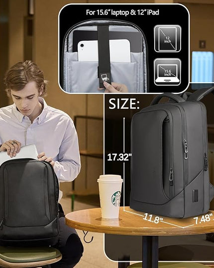 hk Laptop Backpack for Men with USB Charging Port Water-Resistant for 15.6 Inch Computer Bag Durable High-Tech Daypack Casual Backpack for Business Work College Weekender Travel-Black